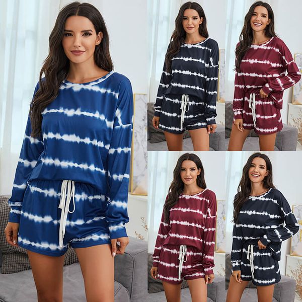 

women's pajamas set tie dye striped long sleeve with shorts sleepwear loungewear 2 piece pajamas, Black;red