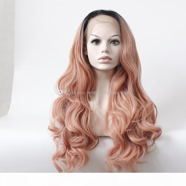 

long heat resistant fiber glueless natural hairline body wave hair fully wigs for women pink synthetic lace front party wig, Black