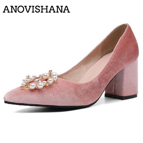 

anovishana 2021 luxury women's chunky high heel party shoes ladies pointed toe shallow pearl elegant retro slip on pumps, Black