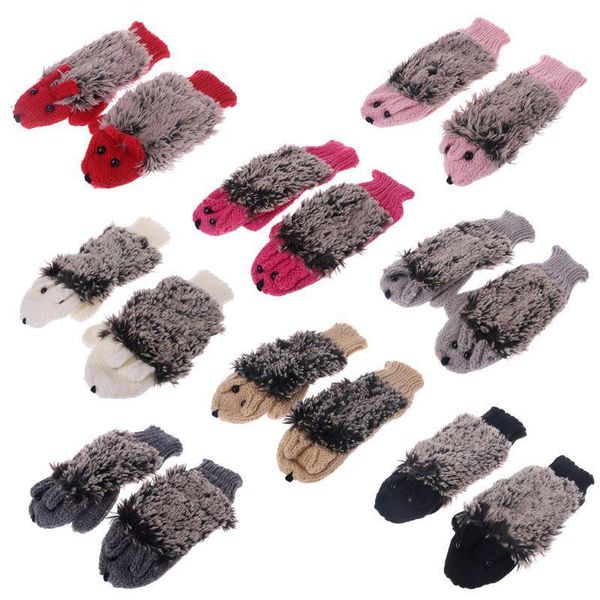 

womens cartoon hedgehog gloves thicken winter hand warmer knitted wrist mittens, Blue;gray