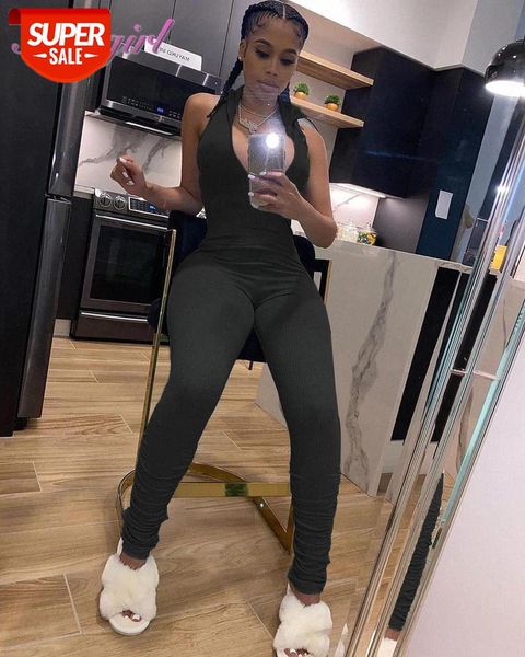 

fitness casual knitted ribbed zipper up backless workout bodycon jumpsuit women sleeveless outfit sporty rompers street overalls #hg9z, Black;white