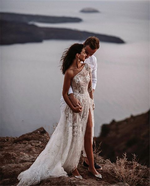 

lace country wedding dresses a line one shoulder illusion thigh high slit side long boho beach wedding dress bridal gowns, White