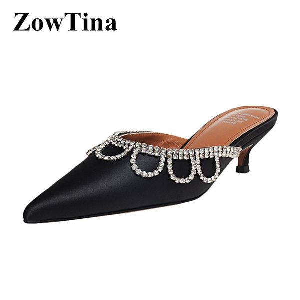 

silk women spring mule shoes pointed toe summer sandals lady prom stilettos 4cm med heels crystal chains pumps creepers, Black