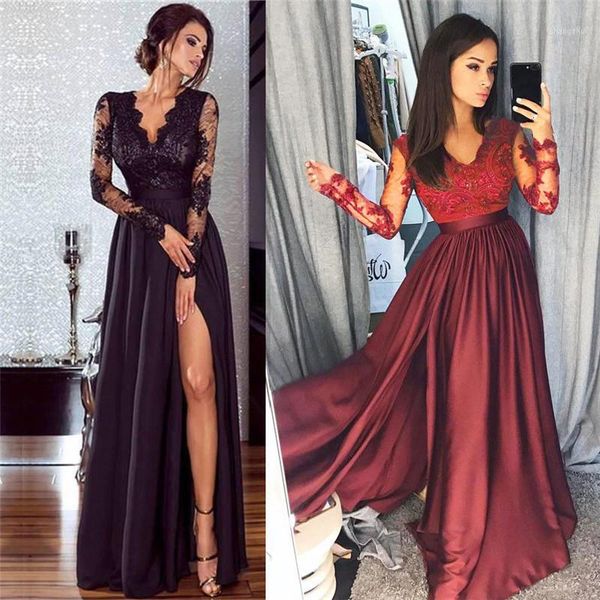 

2020 new christmas lace mesh dress women lace long sleeve v neck dress evening party ball prom gown formal high waist maxi1, Black;gray