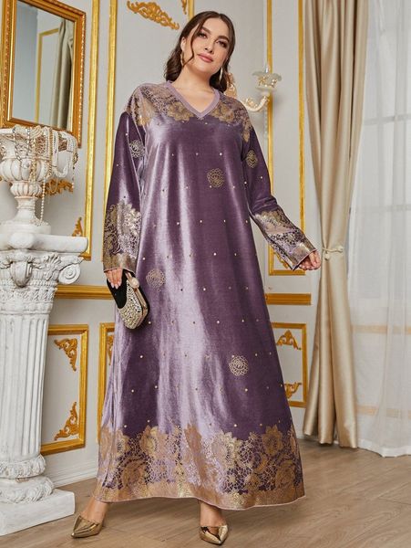 

plus floral & gold print drop shoulder velvet dress q1yw#, Black