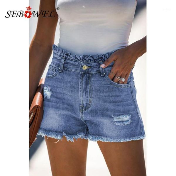 

sebowel ruffles waist denim shorts for woman summer high rise light blue high waist short pants female jean shorts bottoms s-xl1, White;black