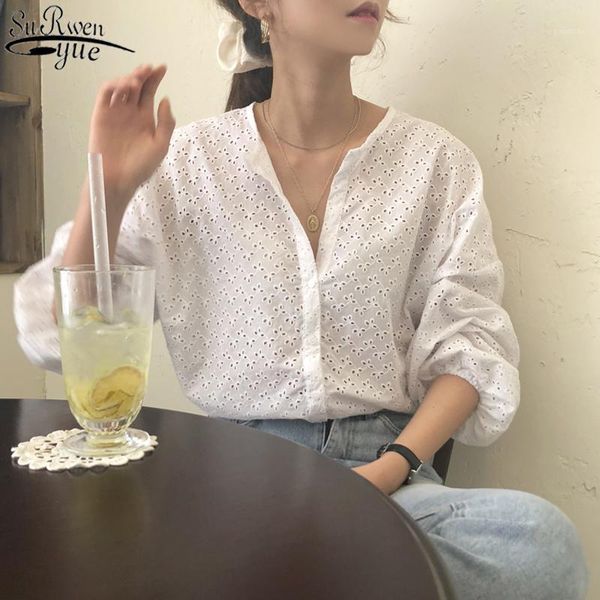 

white single breasted blouse women boho korean style long sleeve o-neck shirts hollow out crochet beach summer 109091
