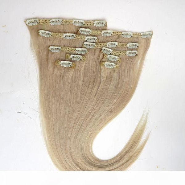 

120g 10pcs 1set clip in hair extensions 18 20 22inch 613# bleach blonde straight remy human hair quality, Black