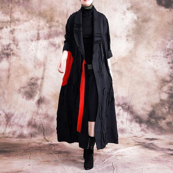 

johnature autumn/winter 2020 new vintage trench coat women loose turn-down collar long patchwork adjustable waist coat1, Tan;black