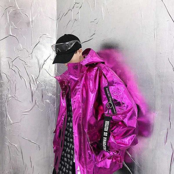 

s-xxlnightclub trend men's hip hop glossy leather jacket stage costume silver jacket personality hooded handsome men's clothing1, Black;brown