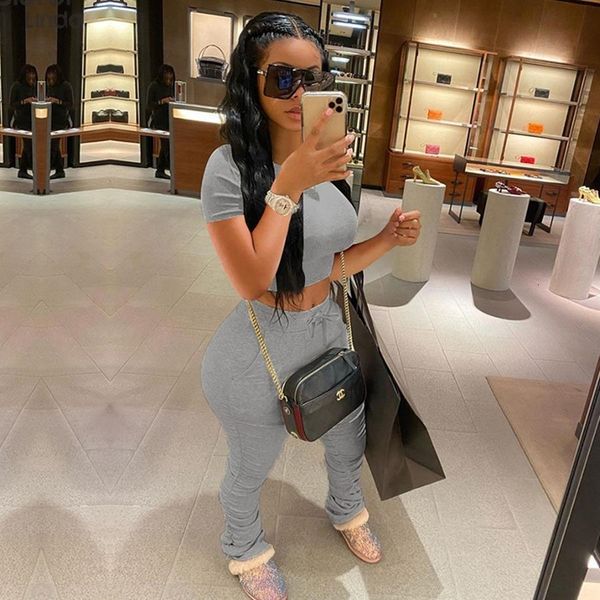 

2020 women fitness 2 piece set streetwear casual wear crop ruched stacked pant leggings sportwear mujer clothing, Gray