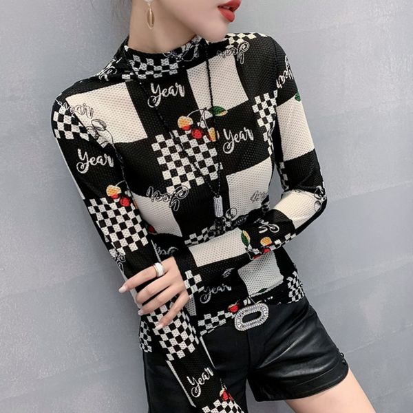 

black and white square plaid t- for women's long sleeve half high collar bottoming with cherry shirt shirt printing and hollowed out fo