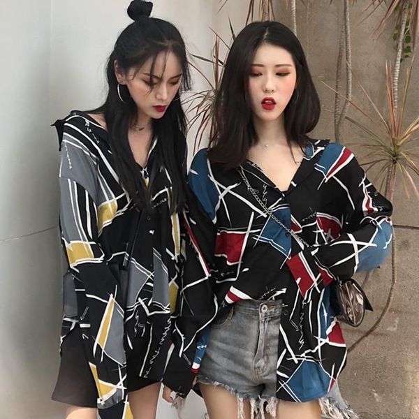 

korean style color block geometric printed blouse button turn down collar long sleeve womens chiffon blouse shirt, White