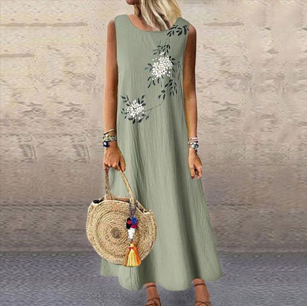 

women's maxi dress sleeveless vintage cotton and linen elegant dress print slim crop long dress ropa mujer #25, Black;gray