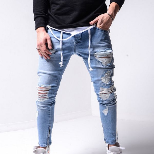 

men stretchy ripped ny biker zipper slim fit jeans destroyed hole taped denim scratched jean, Blue
