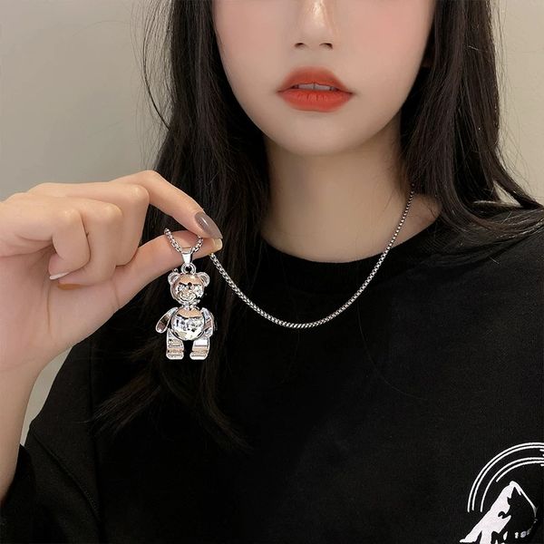 

s2839 fashion jewelry smooth limbs movable bear titanium steel necklace disco tide accessories pendant sweater chain necklace, Silver