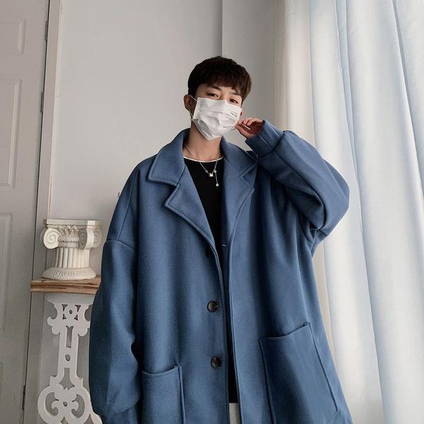 

2020 autumn and winter new male mid-length specific loose woolen coat coat woolen cloth acid blue plus cotton 01, Tan;black