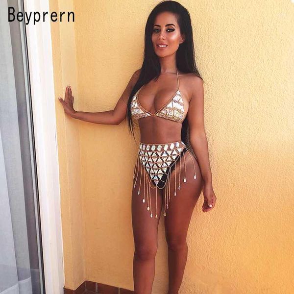 

beyprern seductive festival celebrities metal skirt set two piece shiny metallic bra mini skirt festival outfits beach suits1, White