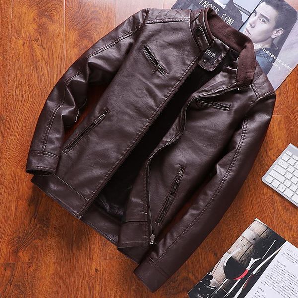 

men's fur & faux good quality stand collar jaqueta masculino couro, Black