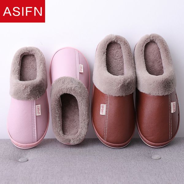 

asifn house pu leather cotton slippers for women winter home bottom hairy warm cotton non-slip men shoes fur slippers wholesale x1020, Black