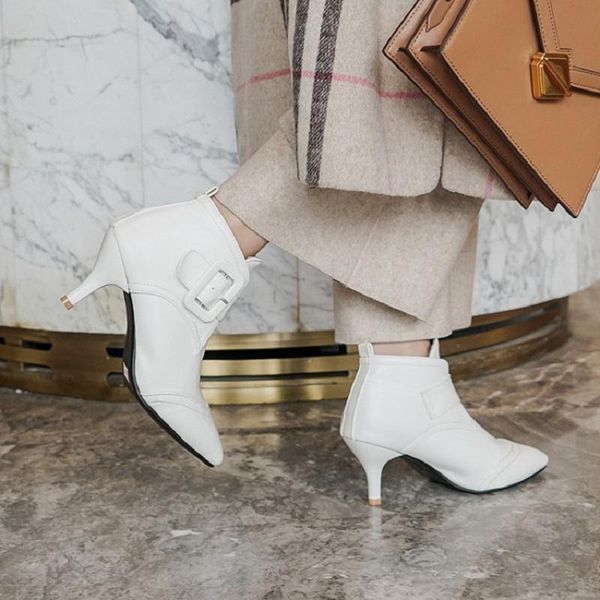 

women shoes high heels autumn winter ankle boots ladies pointed toe buckle white punk zapatos mujer big size, Black