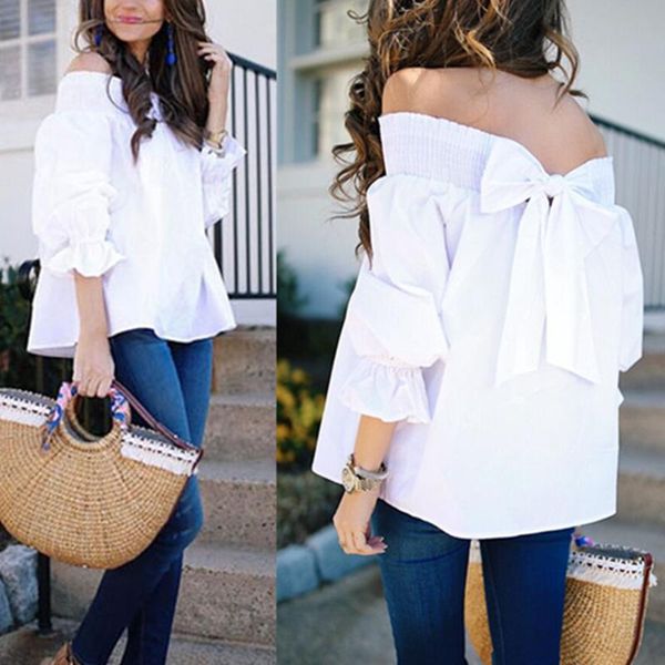 

new 2021 off shoulder spring summer strapless women blouse bowknot slash neck shirts casual loose blusas plus size, White