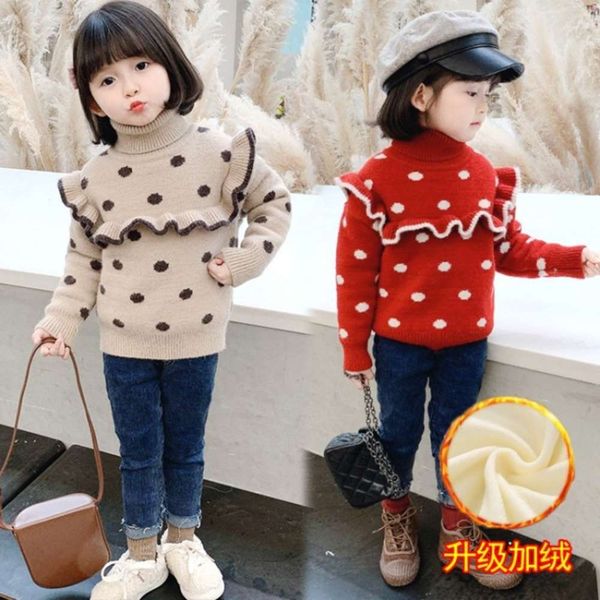 

2020 children's winter drs girls' ruffle dot plush thickening little girl's foreign sle high collar sweater, Blue