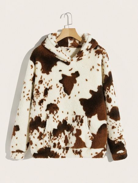 

men cow print drop shoulder teddy hoodie a0oy#, Black