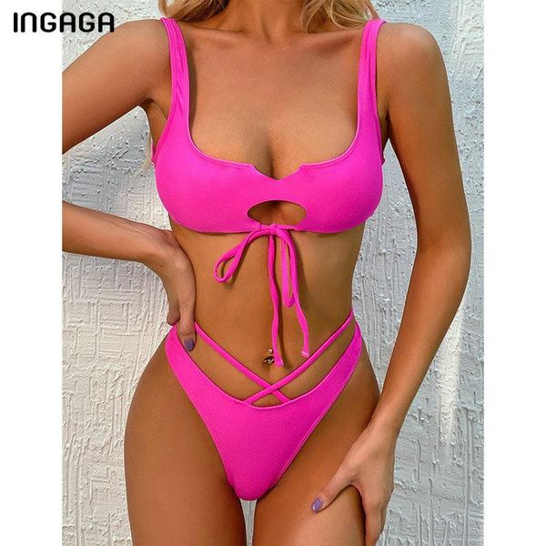 

ingaga push up swimsuits 2020 bikinis cut out swimwear women cross string biquini beachwear high cut bikini set bathing suits, White;black