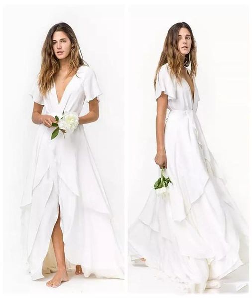 

2021 simple front split beach wedding dresses a line flowy chiffon boho bridal gowns deep v neck short sleeve long bohemian weding dress, White