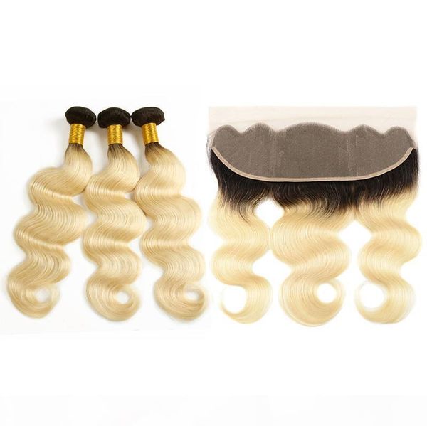 

peruvian ombre blonde bundles with frontal body wave virgin human hair weaves 13*4 eart to ear lace frontal with wefts 10-24&qu, Black;brown