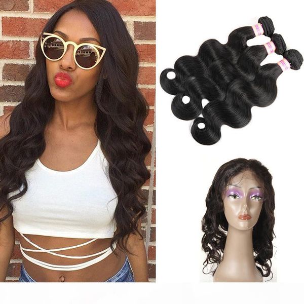 

pre plucked lace frontals peruvian virgin human hair body wave straight hair 360 lace frontal with bundles, Black;brown