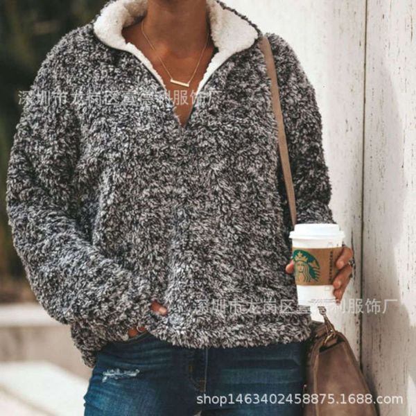 

versatile selling zipper plush t-shirt sweater autumn women's su1367, Black;gray
