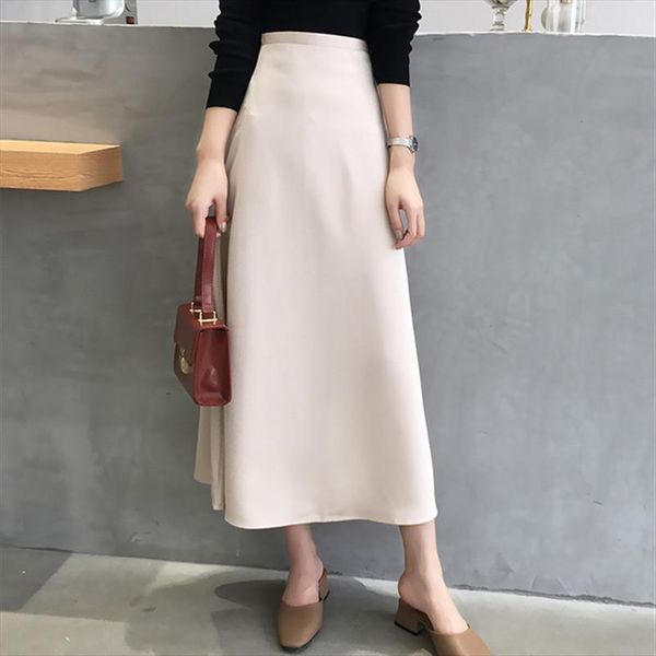 

new 2020 elegant women skirt casual all match office lady skirts high waist zipper simple a line solid skirts female long skirt, Black