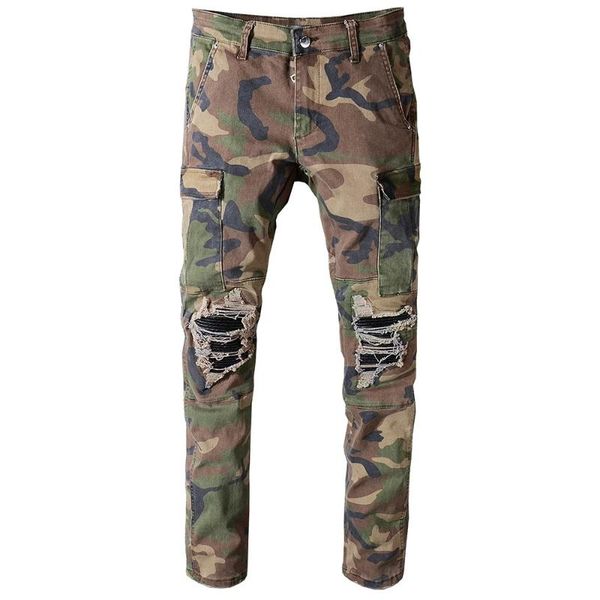 

men's jeans camouflage printed patchwork biker for moto slim fit straight army green pockets cargo denim men, Blue