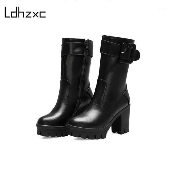 

boots ldhzxc platform female motorcycle mid-calf chunky heel dresser bottom comfort women footwear outside 1, Black