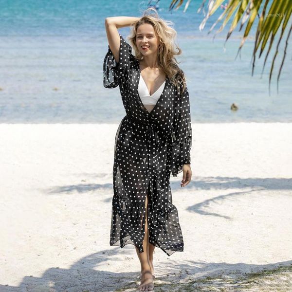 

women's swimwear summer women chiffon floral kimono beach cardigan sheer cover up dot print long blouse shirts female 1, White;black