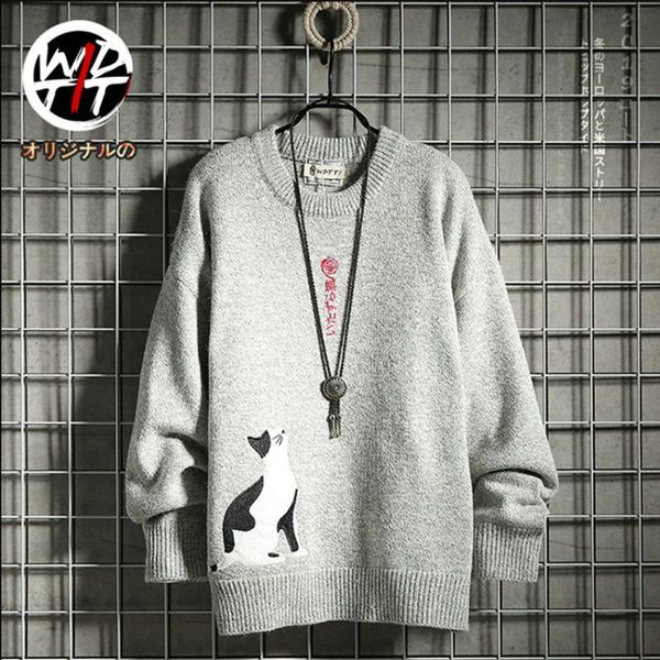 

men's sweaters winter printed cat pullover knitted casual knitwear jumper hip hop streetwear, White;black