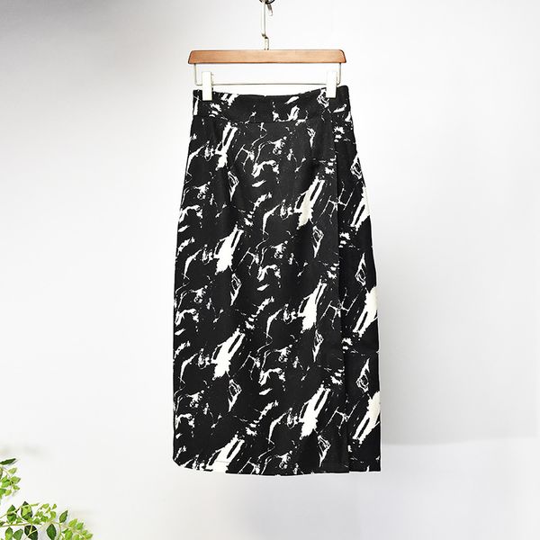 

2021 new spring high waist vintage print bodycon a-line midi split hem women casual skirt jupe femme saia j65d, Black