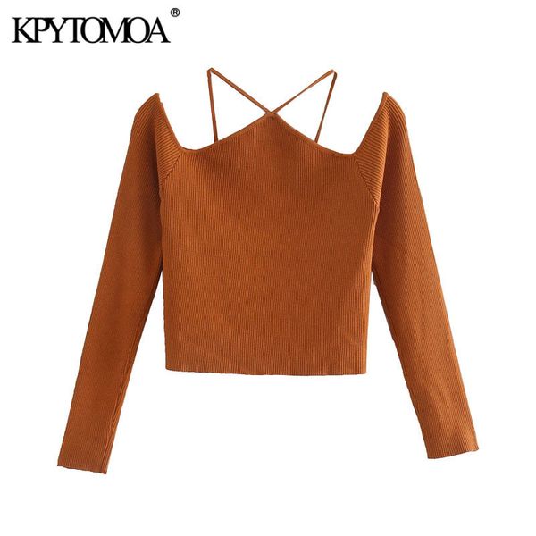 

kpytomoa women fashion with straps cut-out knitted sweater vintage off the shoulder long sleeve female pullovers chic 201031, White;black