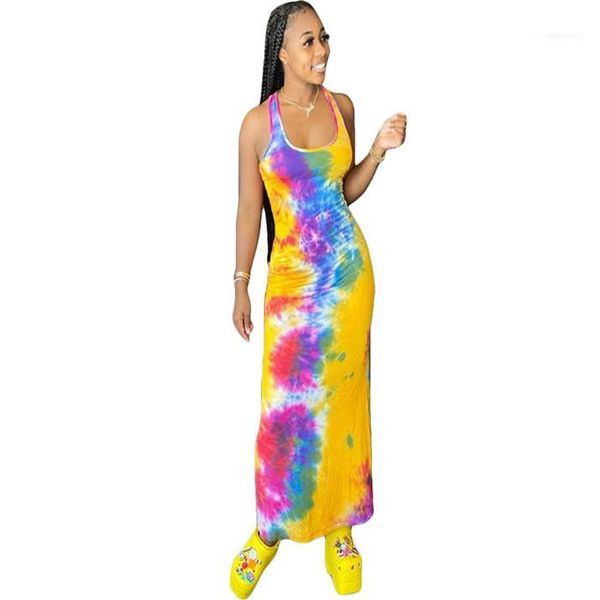 

neck sleeveless summer long dresses ladies slim fit clothing women tie dye vest dress u, White;black