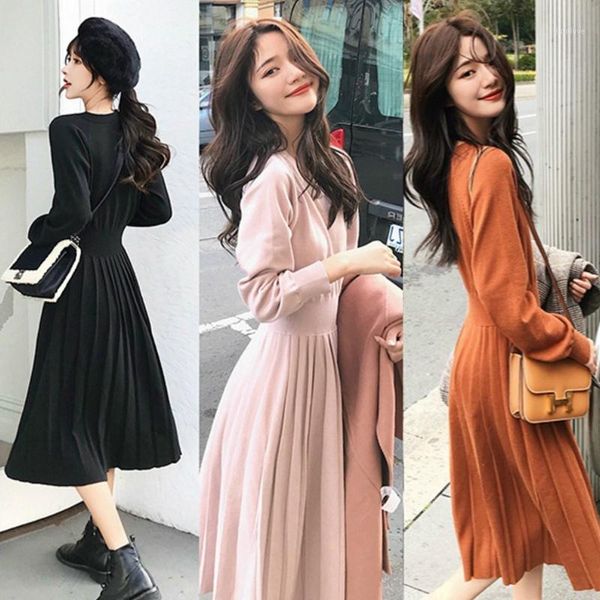 

women dress high waist elegant pleated dress simple retro temperament knitted1, Black;gray
