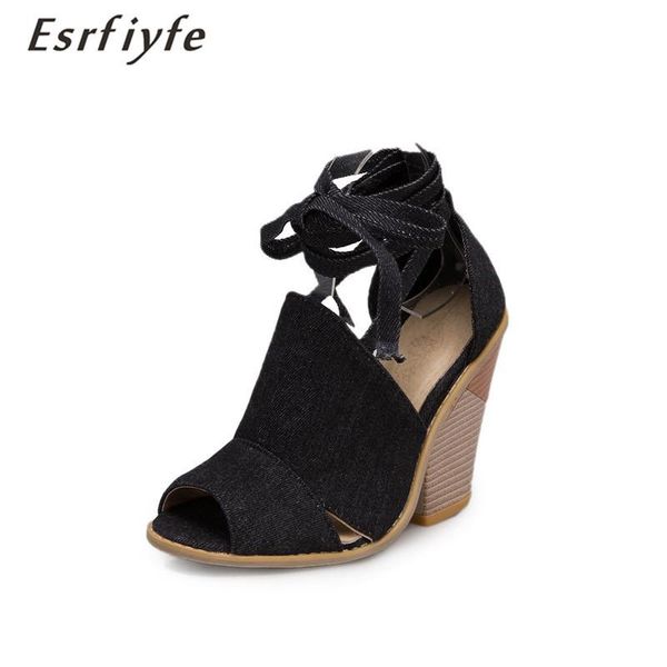 

dress shoes esrfiyfe 2021 denim gladiator cross-tied woman sandals for women fashion peep toe spike heels summer party, Black