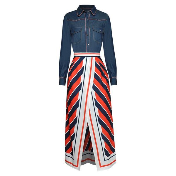 

2021 spring fashion runway women 2 piece set elegant lady turn down collar denim jacket and striped skirt suit casual twinset, Gray