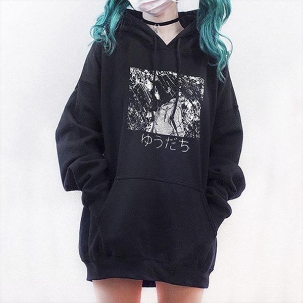 

harajuku cartoon anime girl print women hoodies gothic punk oversize velvet hooded sweatshirt pullover streetwear hoody, Black