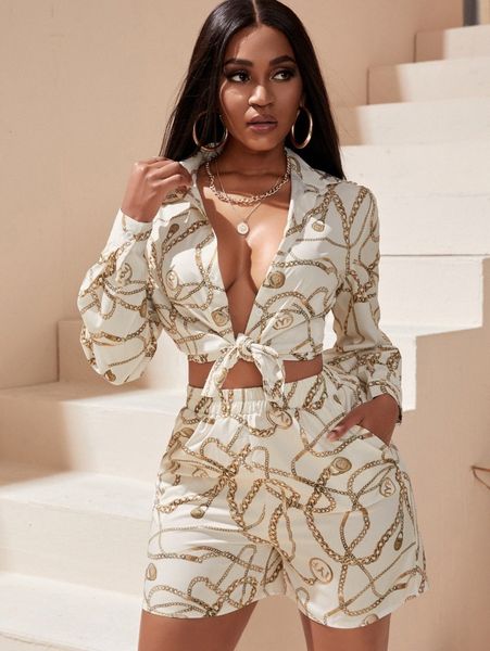 

chain print blouson sleeve blouse & slant pockets shorts h0da#, White