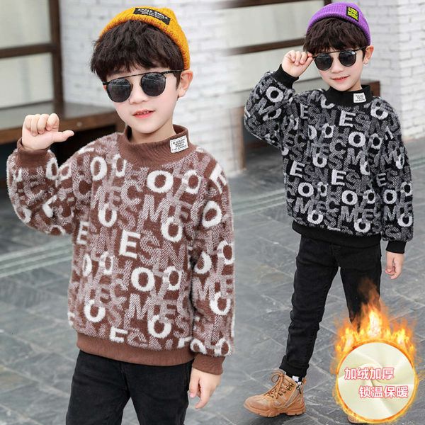 

20 winter new children's huzhou popular clothing random letter plush high collar boys' warm mink like sweater 09ij, Blue