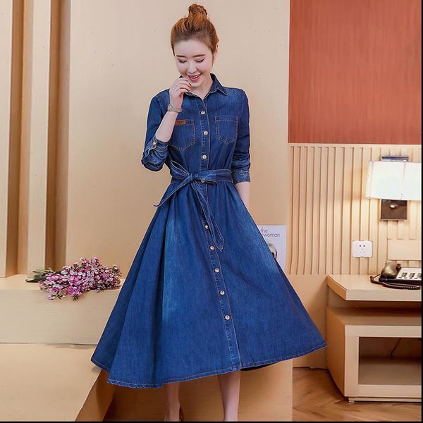 

women long denim dress spring autumn 2021 new fashion lacing blue dresses long sleeve adjustable waist loose cotton dress female, Black;gray