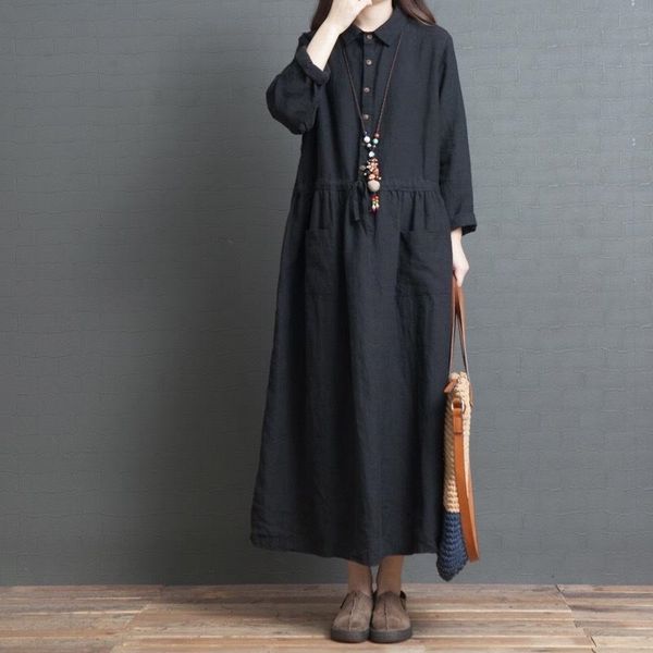 

1i2d2 korean loose large women's solid and comfort isaci 2019 cotton linenlinen fashion color long sleeve cotton linen dress new spring, Black;gray