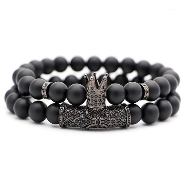 

2pcs/set bracelet men accessories matte stone beads erkek bileklik set crown jewelry mens bracelets for women pulseras mujer1, Golden;silver